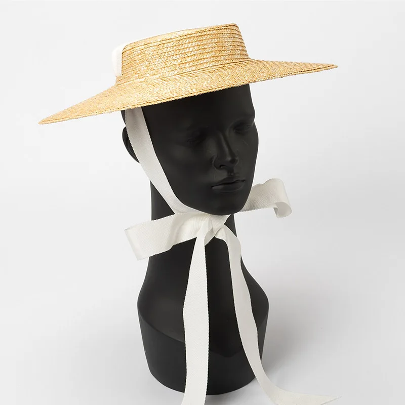 Wide Brim Boater Hat 10cm 15cm Brim Straw Hat Flat Women Summer Kentucky Derby Hat White Black Ribbon Tie Sun Hat Beach Cap - Image 5