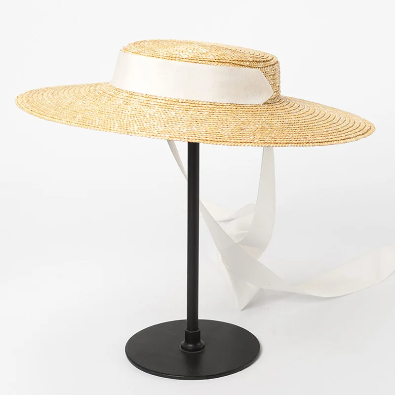 Wide Brim Boater Hat 10cm 15cm Brim Straw Hat Flat Women Summer Kentucky Derby Hat White Black Ribbon Tie Sun Hat Beach Cap - Image 3
