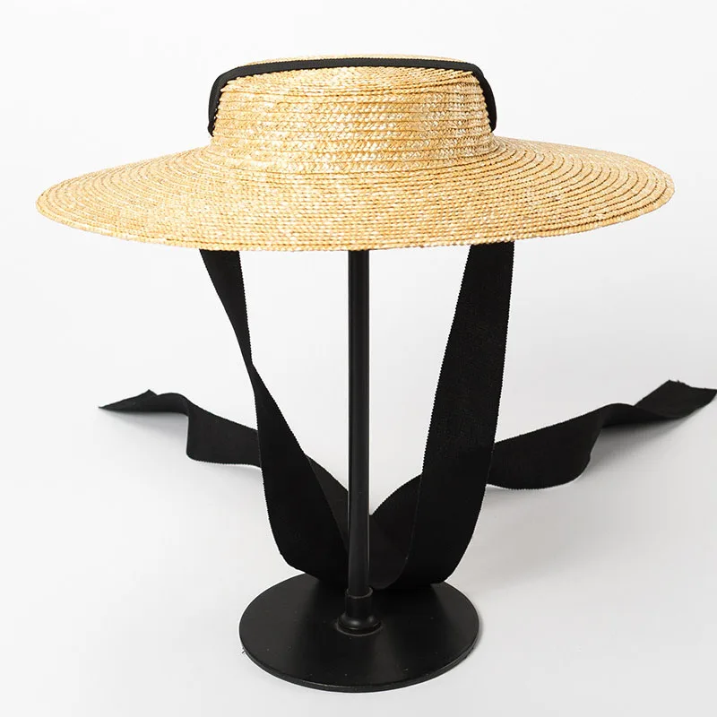Wide Brim Boater Hat 10cm 15cm Brim Straw Hat Flat Women Summer Kentucky Derby Hat White Black Ribbon Tie Sun Hat Beach Cap - Image 2