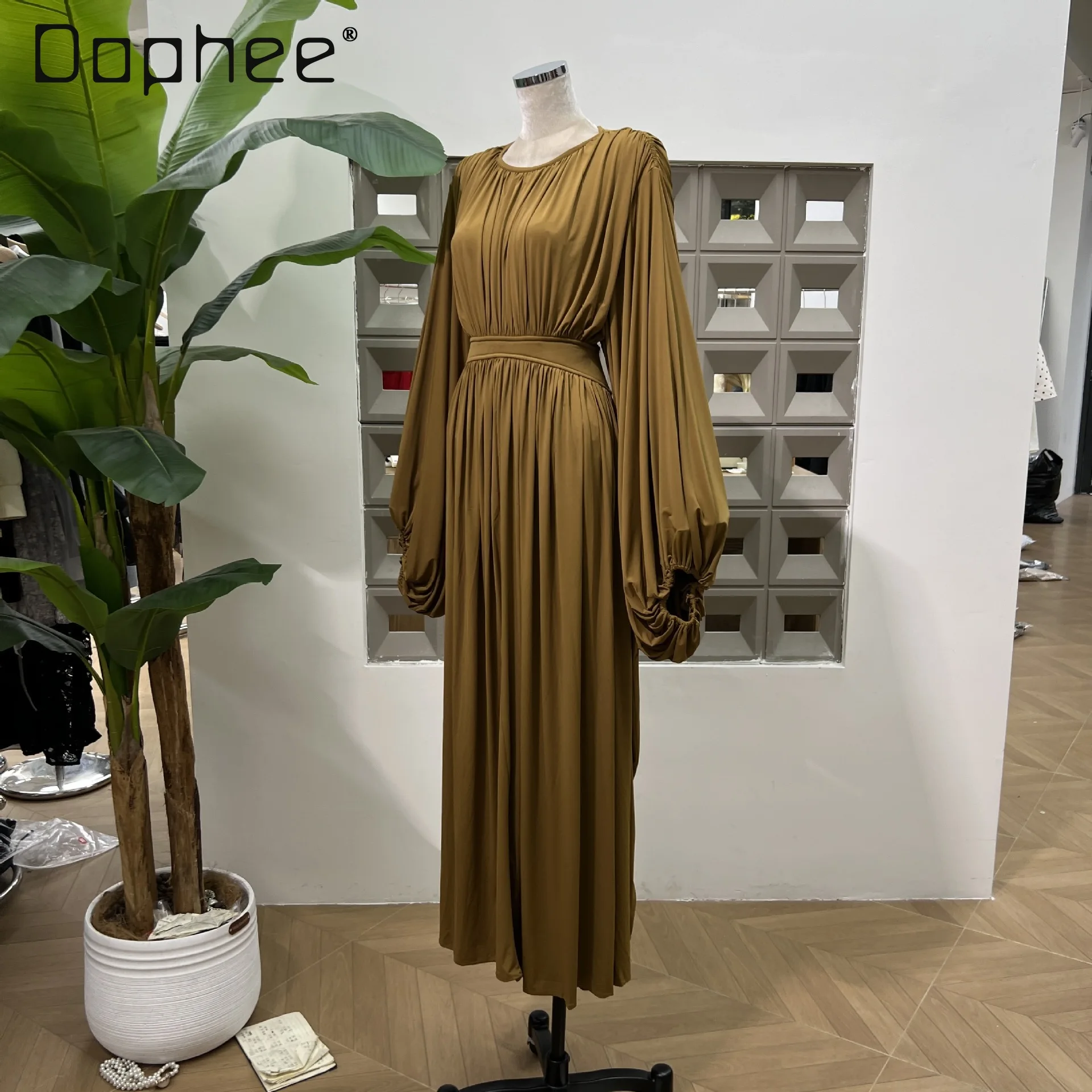 European American Women Clothing Fashion Bat Long-sleeved High-waisted Dress High-end Elegant Mid-length Dress Evening Dresses - Image 3