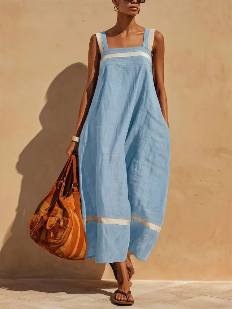 Summer New Loose Suspender Dress Woman's Solid Big Hem Long Dress Fashion Casual Simple Dresses For Women Holiday Party Vestidos