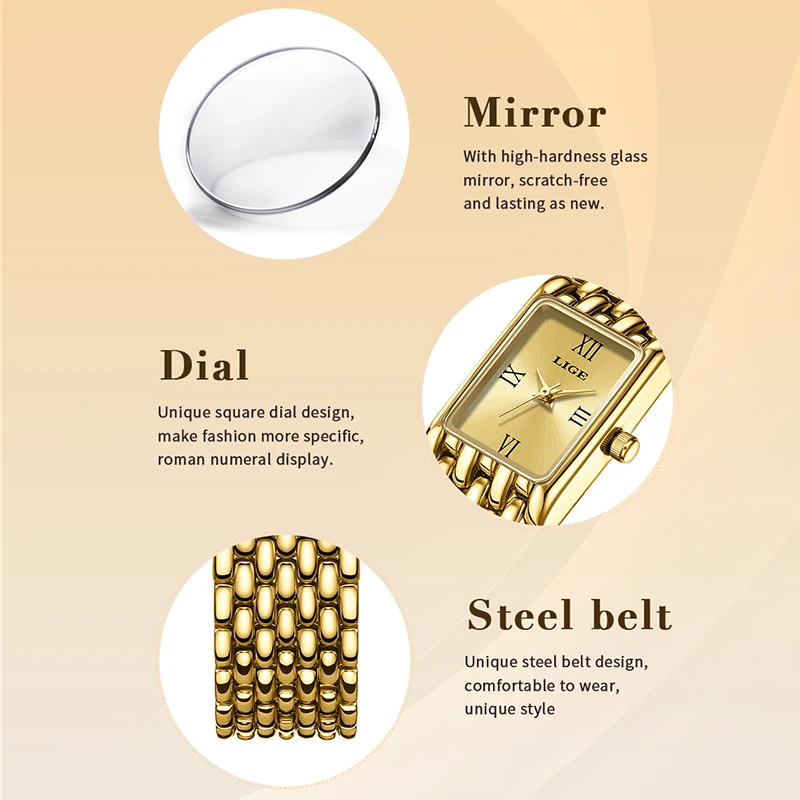 LIGE Fashion Women Watch Simple Square Gold Stainless Steel Waterproof Watches For Women Outdoor Sports Quartz Ladies Wristwatch - Image 6