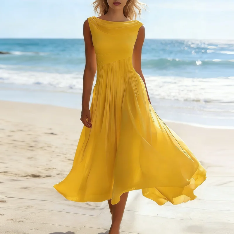 Spring Summer Sleeveless Cowl Neck Maxi Dress Woman Elegant Solid Ruched Waist A-Line Party Dresses Casual Boho Long Dress Mujer - Image 3