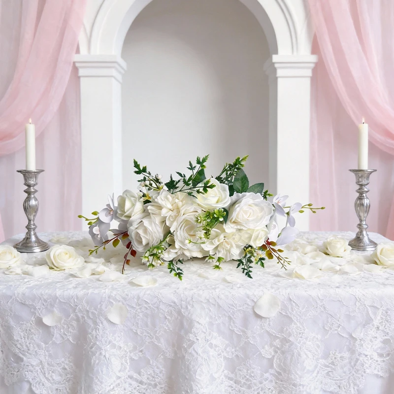 20inch White Rose Artificial Flower Row for Wedding Table Home Front Door Garden Party Tabletop Wall Home Decoration - Image 2