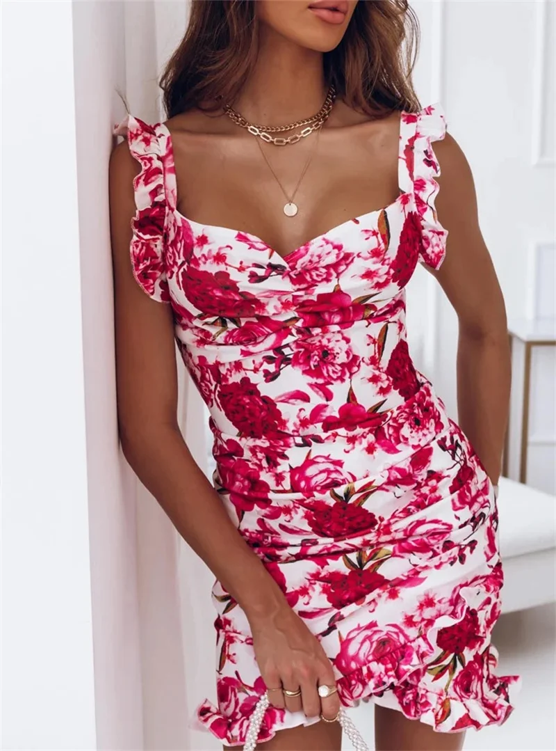 Sexy Dresses for Women Date Night - V-Neck Sleeveless Ruffle Floral Printed Sundress Casual Bodycon Dress - Image 3