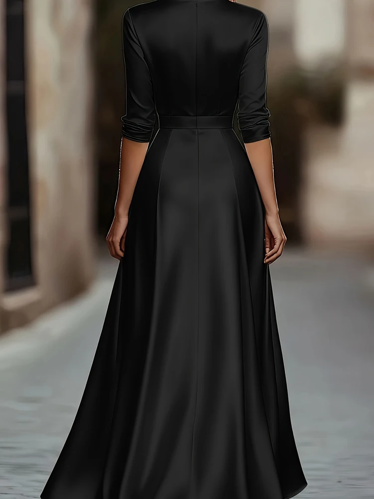 Spring/Autumn Collection: French-inspired Elegance Luxury-feel V-neck Long-sleeved Fitted Waist Dress Evening Gown for Banquets - Image 5