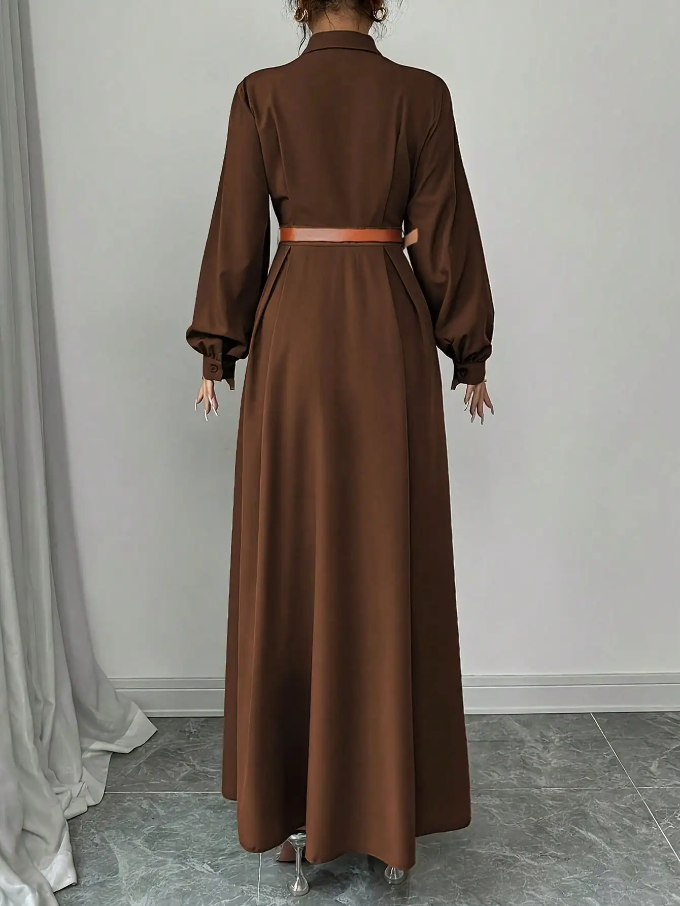 Women's Elegant Long Lantern Sleeve Office Dress Fashion Pleated A-Line Maxi Dresses Autumn 2025 Casual Long Shirt Vestidos - Image 2