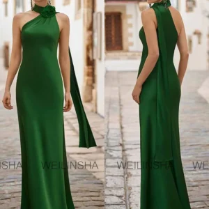 Customized Chic Women's Evening Gowns Satin Mermaid Celebrity Dress Blackish Green High Collar 3D flowers Shawl Prom Dress Long