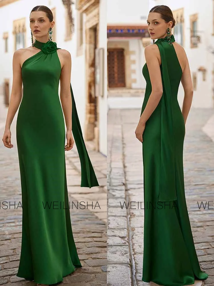 Customized Chic Women's Evening Gowns Satin Mermaid Celebrity Dress Blackish Green High Collar 3D flowers Shawl Prom Dress Long