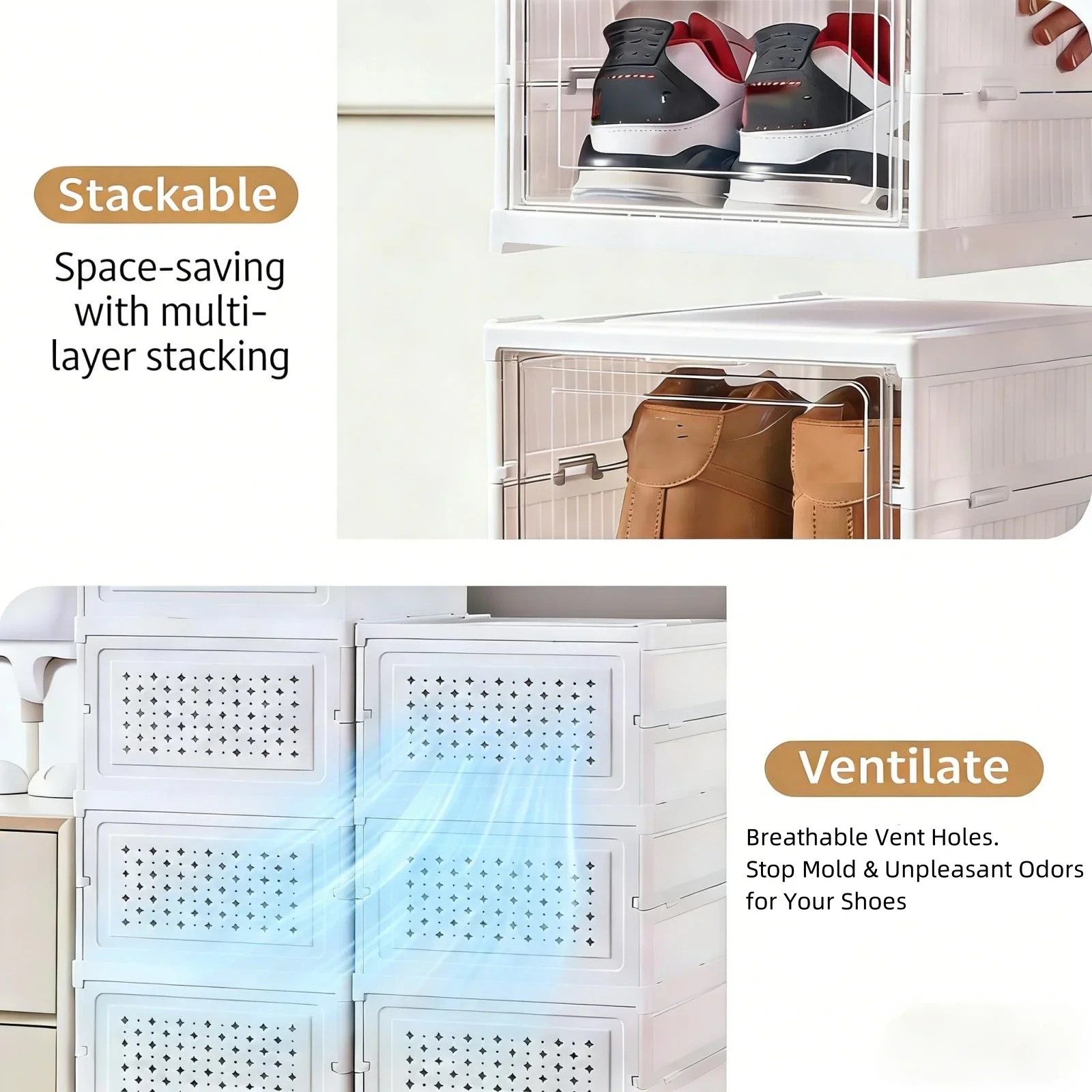3/6 Tier Foldable Shoe Box, No Assembly Required Clear Stackable Shoe Cabinet Sneaker Storage Organizer Rack for Closet Entryway - Image 5