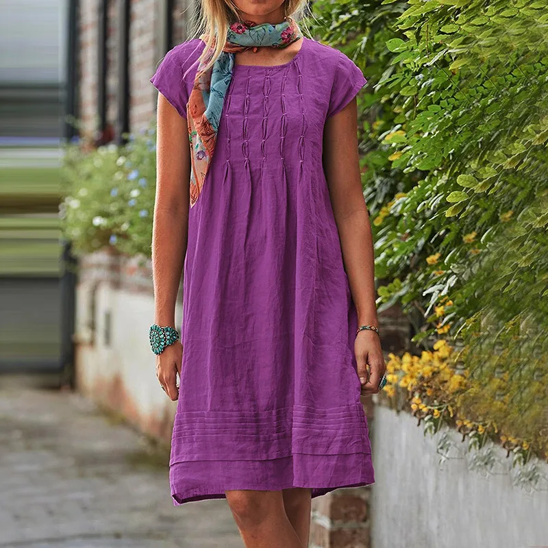 2022 Women's Summer Dress Casual Solid Beach Dresses For Women Elegant O Neck Short Sleeve Party Dress Robe S-5XL - Image 5