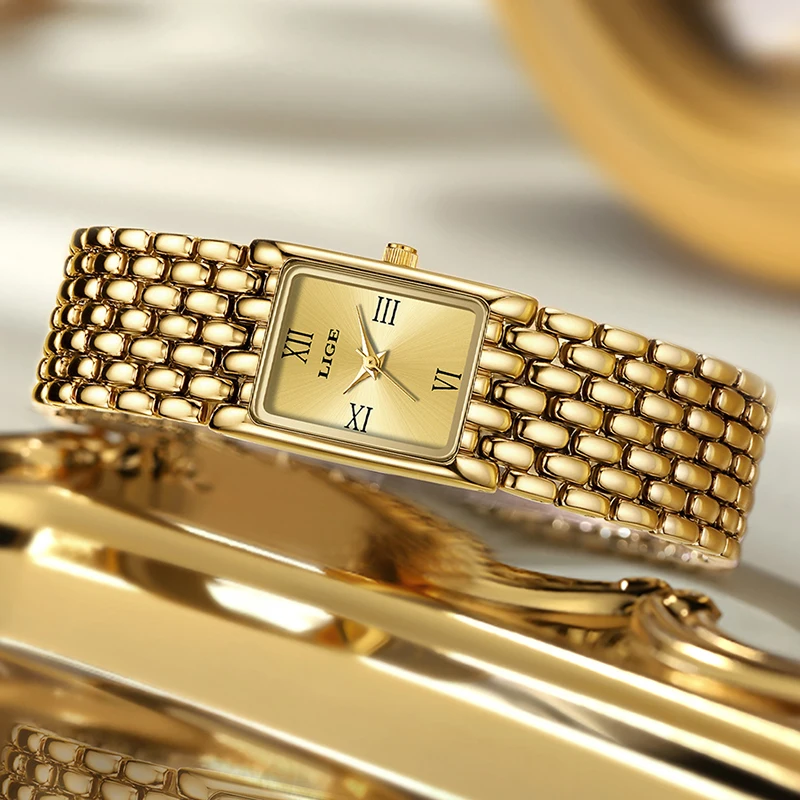 LIGE Fashion Women Watch Simple Square Gold Stainless Steel Waterproof Watches For Women Outdoor Sports Quartz Ladies Wristwatch - Image 3