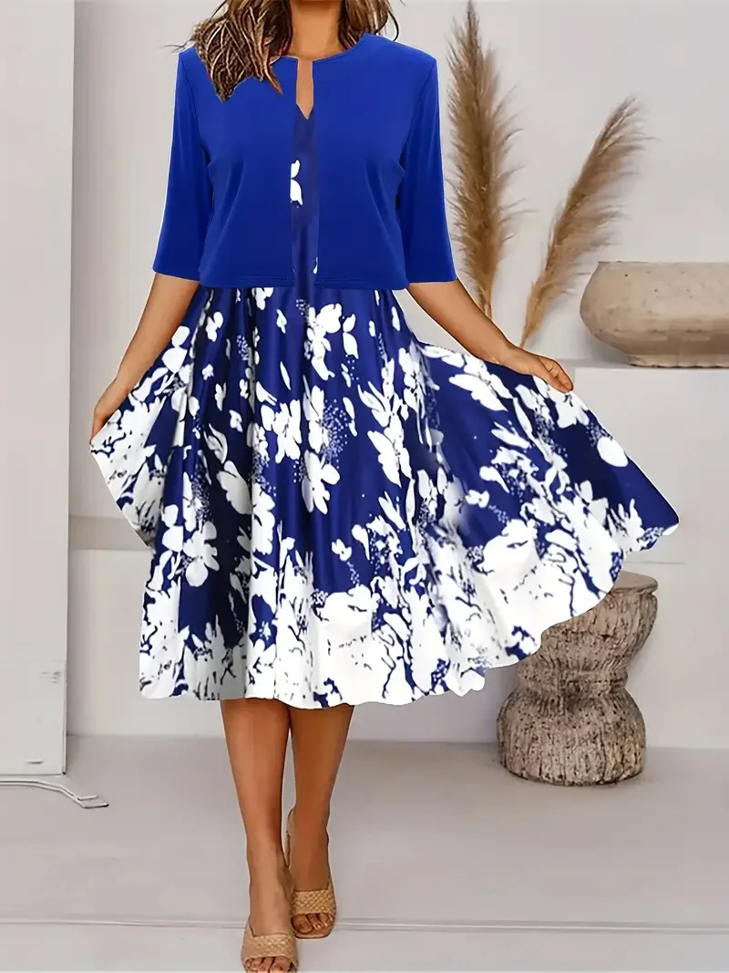 2024 Europe and the United States autumn new women's long dress two-piece set of floral print round neck dress coat women - Image 3