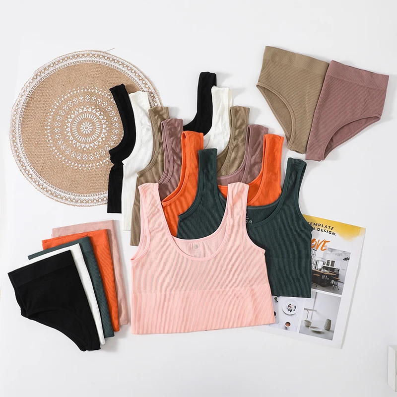 Seamless Women Lingerie Set Rib Bralette Sports Crop Top High Waist Briefs Panties Light Support Bra Sexy Underwear Set - Image 2