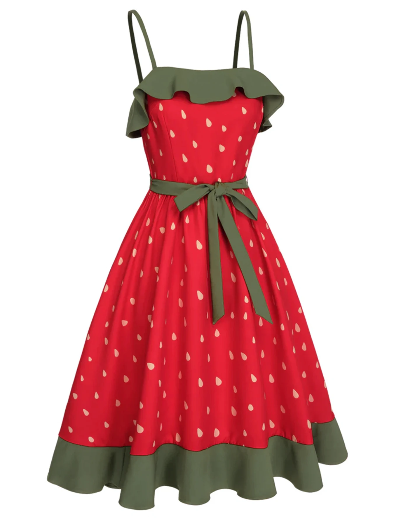 Plus Size Strawberry Print Dress Women's Red Strapless Sundress Green Lace Trim Summer Dress Free Shipping - Image 3