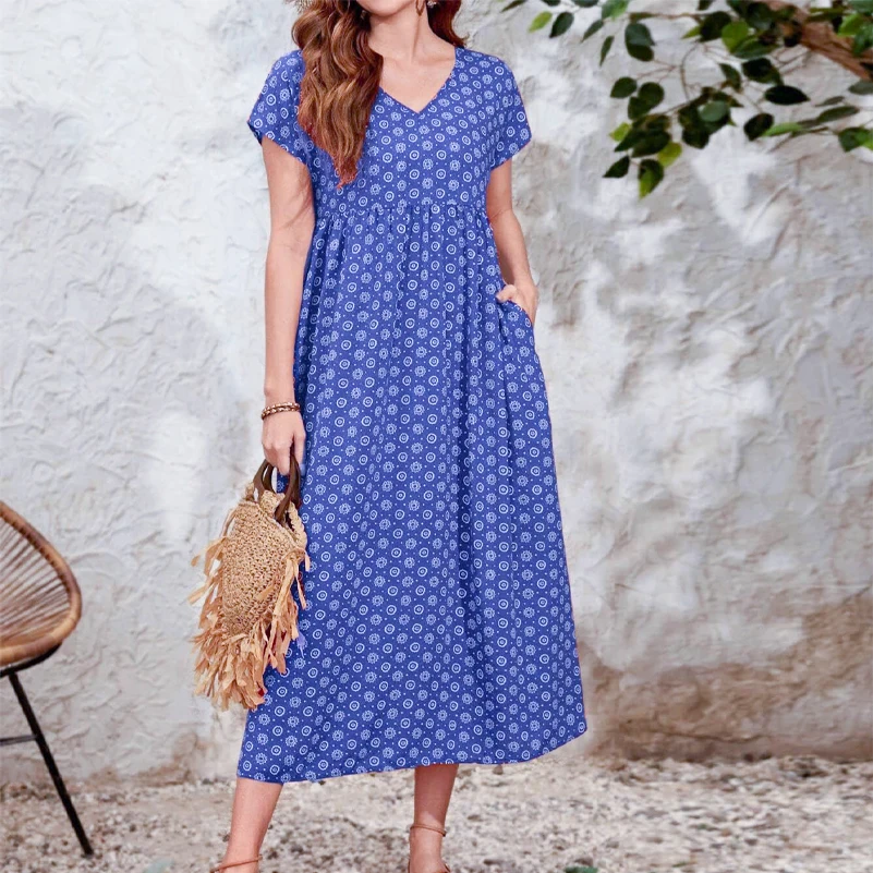 Plus size women's dress, Bohemian ethnic style printed V-neck batball sleeve dress, elastic waist, with pockets - Image 4