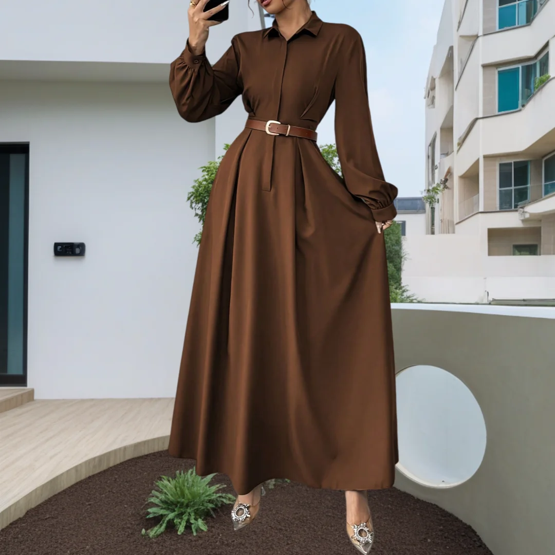 Women's Elegant Long Lantern Sleeve Office Dress Fashion Pleated A-Line Maxi Dresses Autumn 2025 Casual Long Shirt Vestidos - Image 6