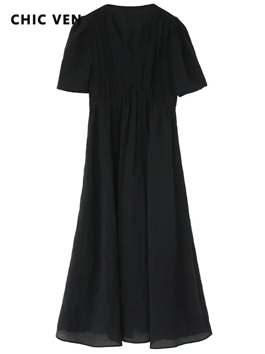 CHIC VEN Women Dresses French Style Vintage V-neck Puff Sleeve Long Dress Solid Black Loose Female Clothing Summer New 2023 - Image 5