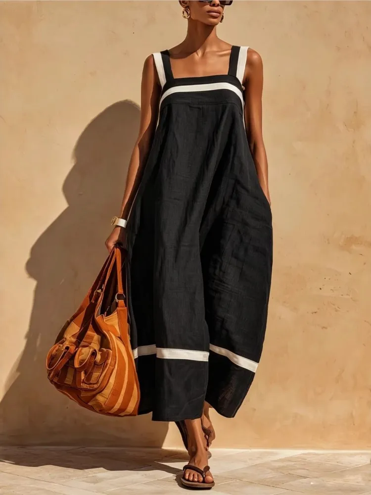 Summer New Loose Suspender Dress Woman's Solid Big Hem Long Dress Fashion Casual Simple Dresses For Women Holiday Party Vestidos - Image 3