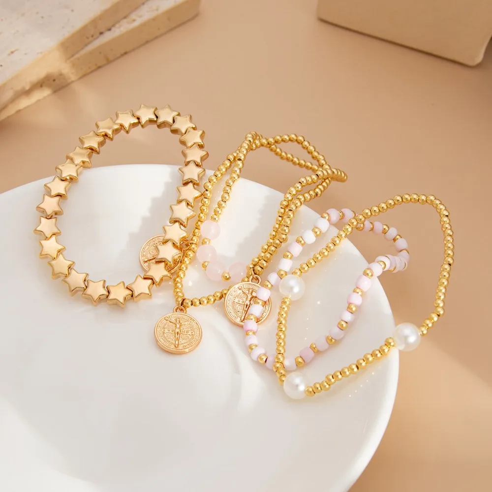 Retro Round Carved Pendant Bracelet 2026 Multi Layer Gold Color Star Round Bead Elastic Thread Woven Girls' Fashion Jewelry - Image 4