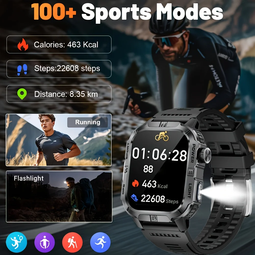 2026 New Outdoor Military Men's Smartwatch Is Equipped With GPS LED Lighting, A Compass, Wireless Communication, IP68 Waterproof - Image 3