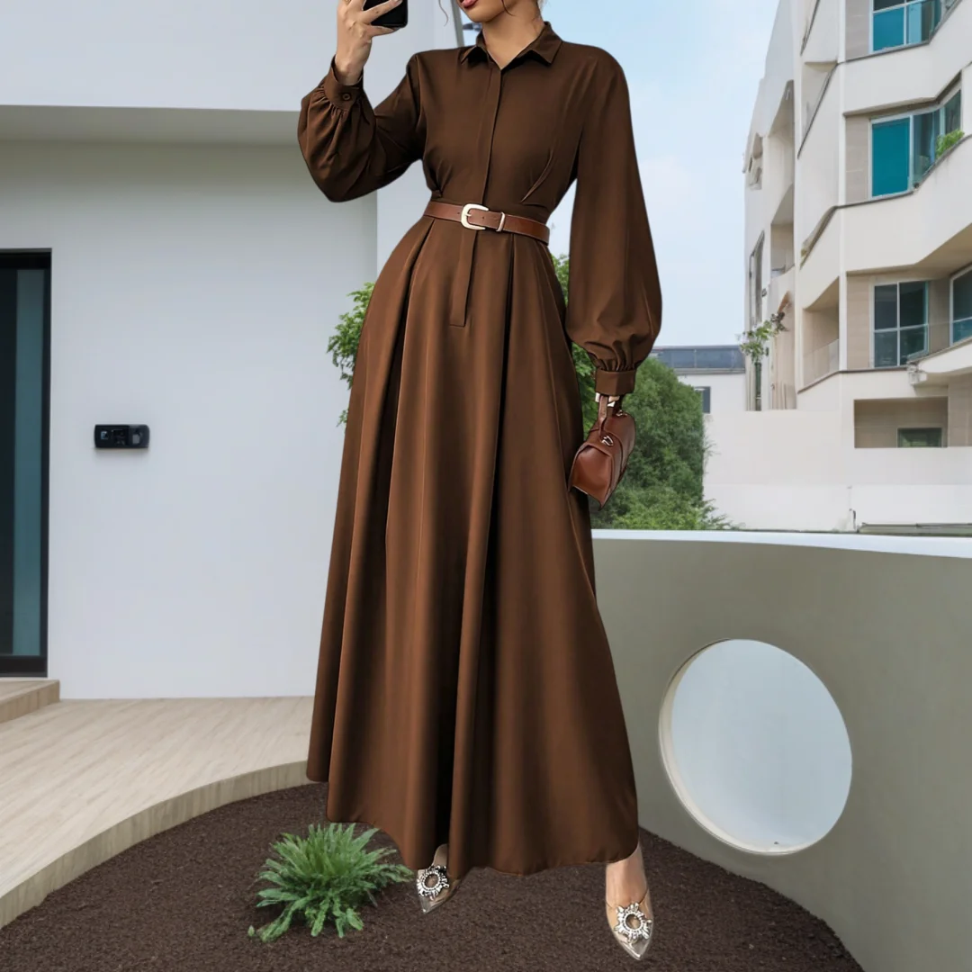 Women's Elegant Long Lantern Sleeve Office Dress Fashion Pleated A-Line Maxi Dresses Autumn 2025 Casual Long Shirt Vestidos - Image 5