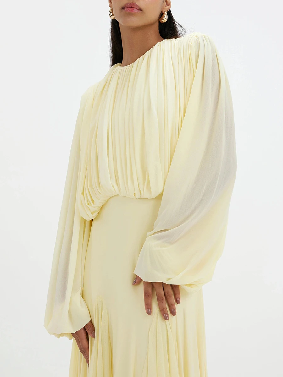 VGH Yellow Dinner Loose Folds Maxi Dresses for Women O Neck Shoulder Pud High Waist Temperament Dress Female Fashion Clothing - Image 3
