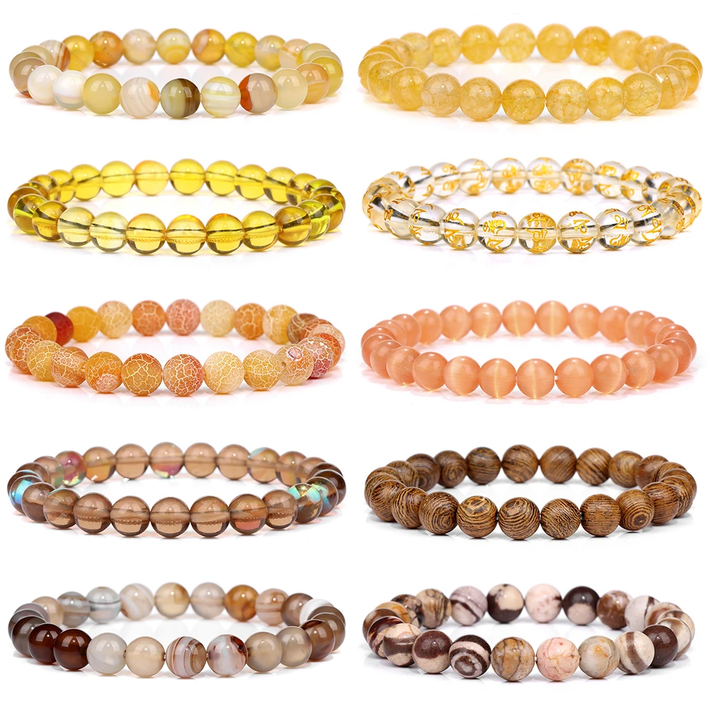 Yellow Orange Brown Stone Bracelet 8mm Bead Bracelets Tiger Eye Citrines Crystal Bracelet Healing Jewelry Gifts For Men Women