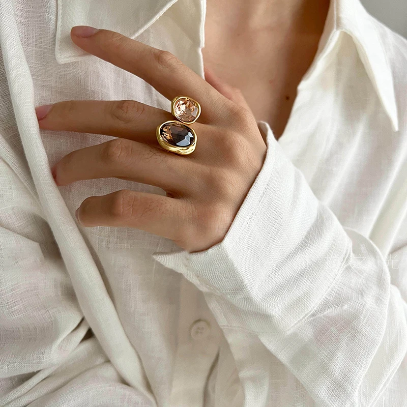 European and American Retro Metal Geometric Rhinestone Contrasting Open Rings For Women‘s Trendy Jewelry Finger Accessorioes - Image 3