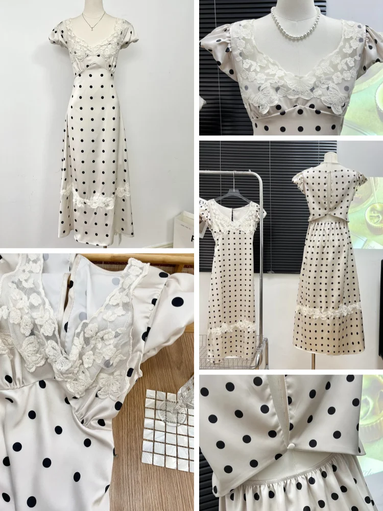 Absobe French Lace Patchwork Satin Polka Dot A-Line Maxi Dress For Women Elegant Backless Long Gown Chic Birthday Party Outfit - Image 6