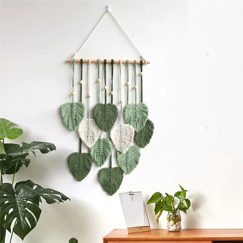 Leaf Macrame Wall Hanging Boho Room Home Decor Woven Aesthetic Wall Tapestry Home Room Wedding Decoration Green - Image 2