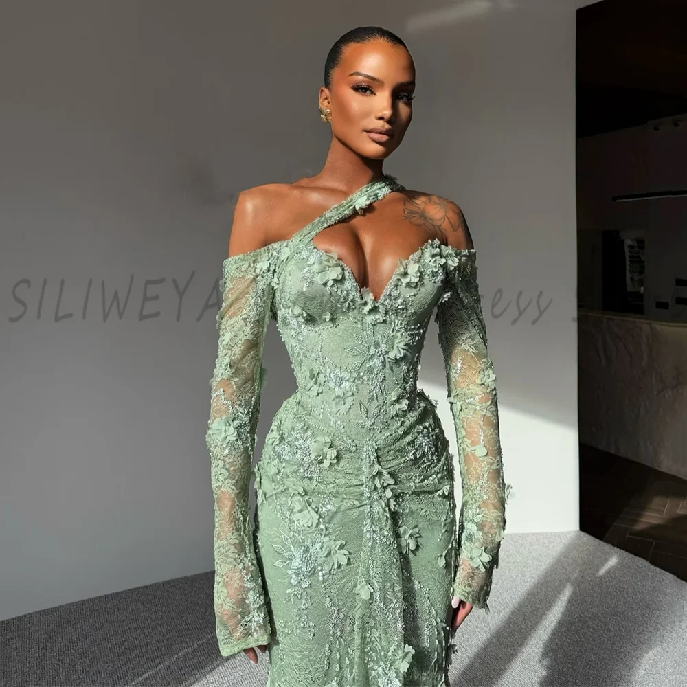 Gorgeous Mint Green Lace Flower Applique Women Evening Dress Off The Shoulder Long Sleeves Floor Length Mermaid Prom Gowns - Image 3
