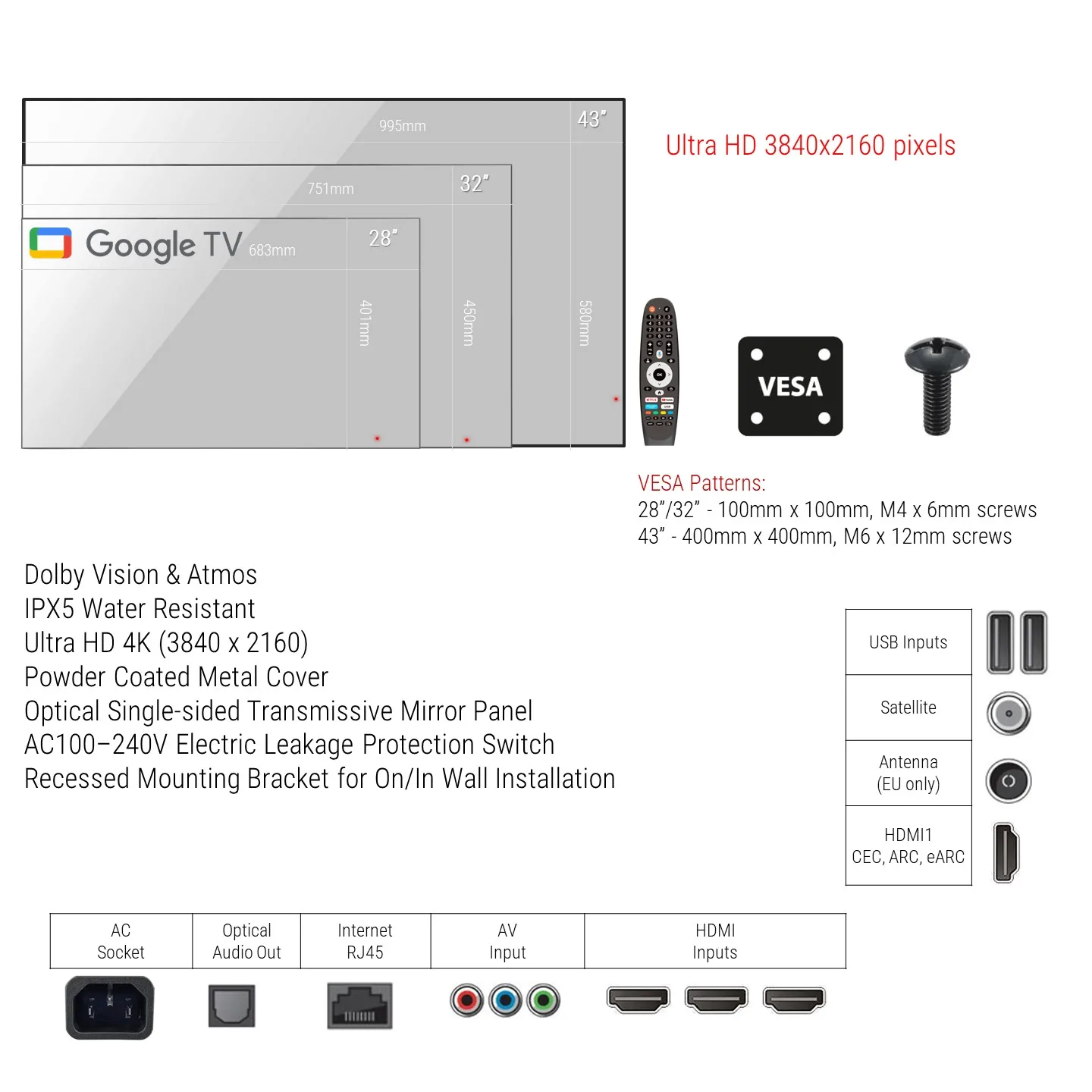 Souria 43 inches Smart Mirror Large Screen Waterproof TV Goo-gle TV System Hotel Indoor Bathroom SPA Bluetooth WiFi DTV Tuner - Image 5