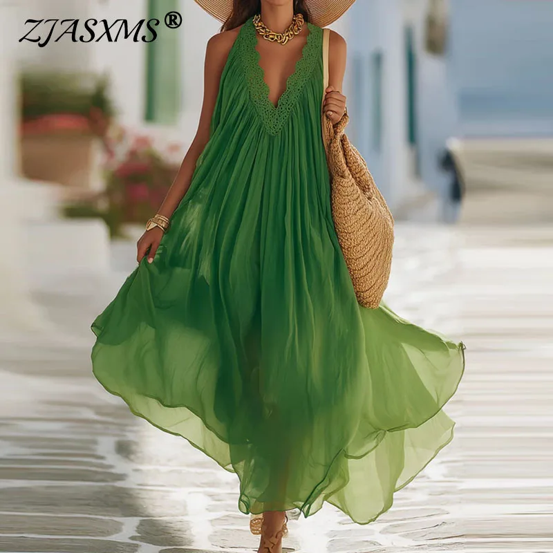 Boho Sleeveless Summer Beach Vacation Maxi Dress Woman Spring V Neck Lace Trim Pleated Long Dress Loose Casual Swing Party Dress