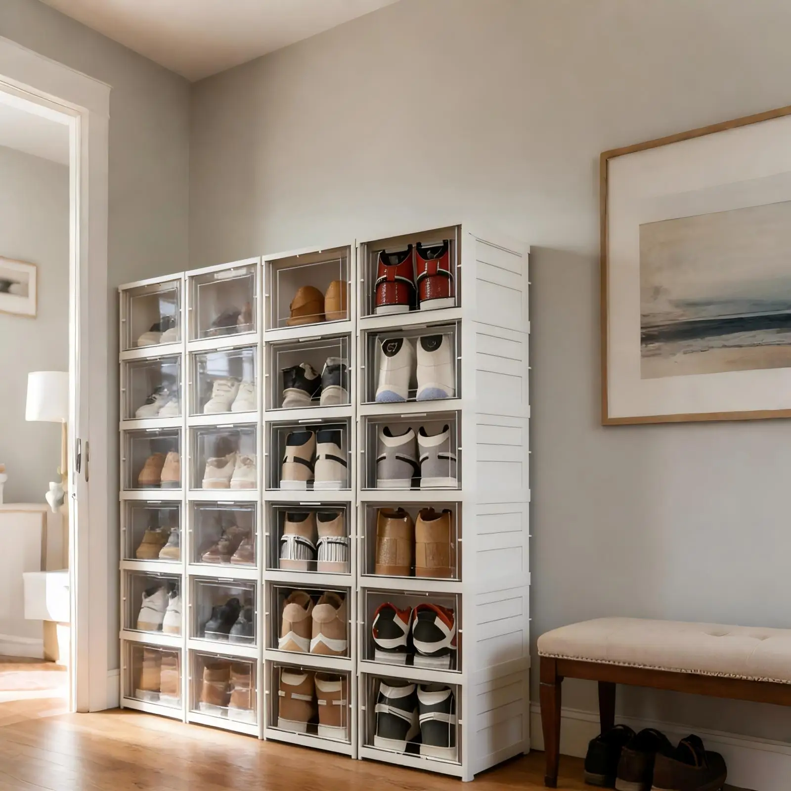 3/6 Tier Foldable Shoe Box, No Assembly Required Clear Stackable Shoe Cabinet Sneaker Storage Organizer Rack for Closet Entryway - Image 2