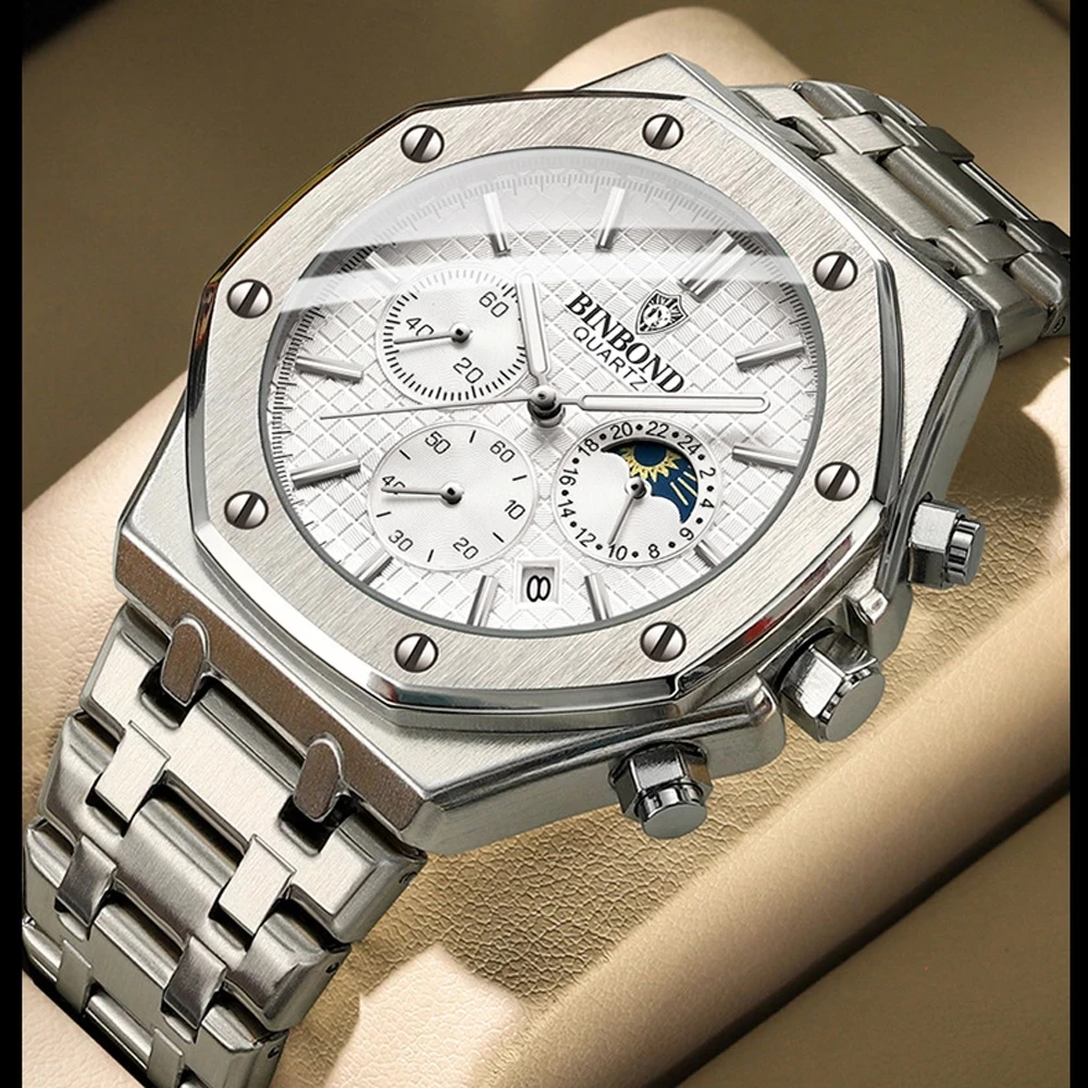 BINBOND 0161 Fashionable Men's Quartz Watch Three Eye Six Needle Chronograph Waterproof Luminous Calendar Men's Quartz Watch - Image 2