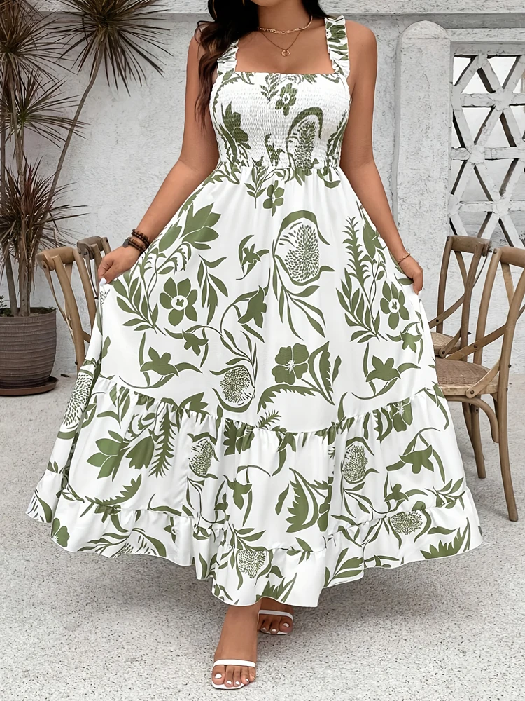 Plus Size 2025 Summer New Holiday Floral Halter Dress with Ruffle Hem and Gathered Bust Plus Size Dress Polyester - Image 6