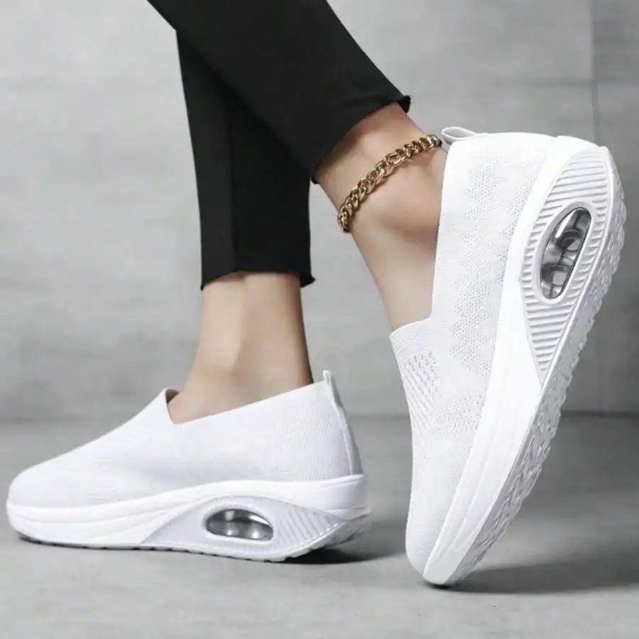 Ladies White Slip-On Air Cushion Wedge Sneakers, Breathable Mesh Casual Walking Shoes, Comfortable Platform Mules for Daily & Nu - Image 4