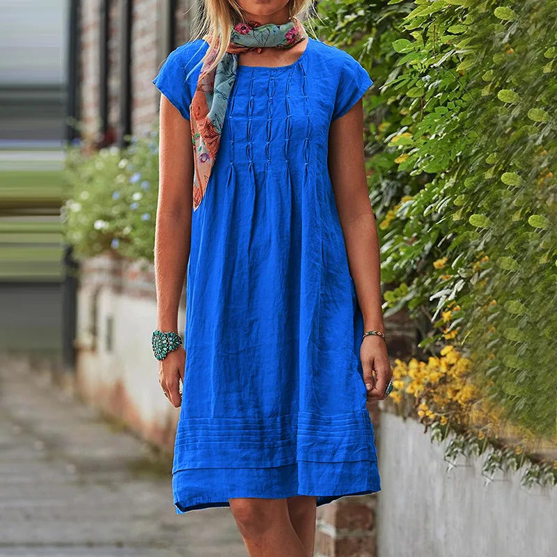 2022 Women's Summer Dress Casual Solid Beach Dresses For Women Elegant O Neck Short Sleeve Party Dress Robe S-5XL - Image 4