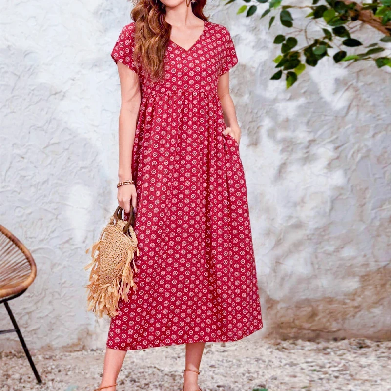 Plus size women's dress, Bohemian ethnic style printed V-neck batball sleeve dress, elastic waist, with pockets - Image 2