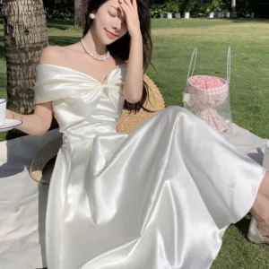 Horetong Bow Slash Neck Sexy Dress Summer Women White Fairy Elegant A-Line Midi Dresses Female Party Prom Clothes Vestdios
