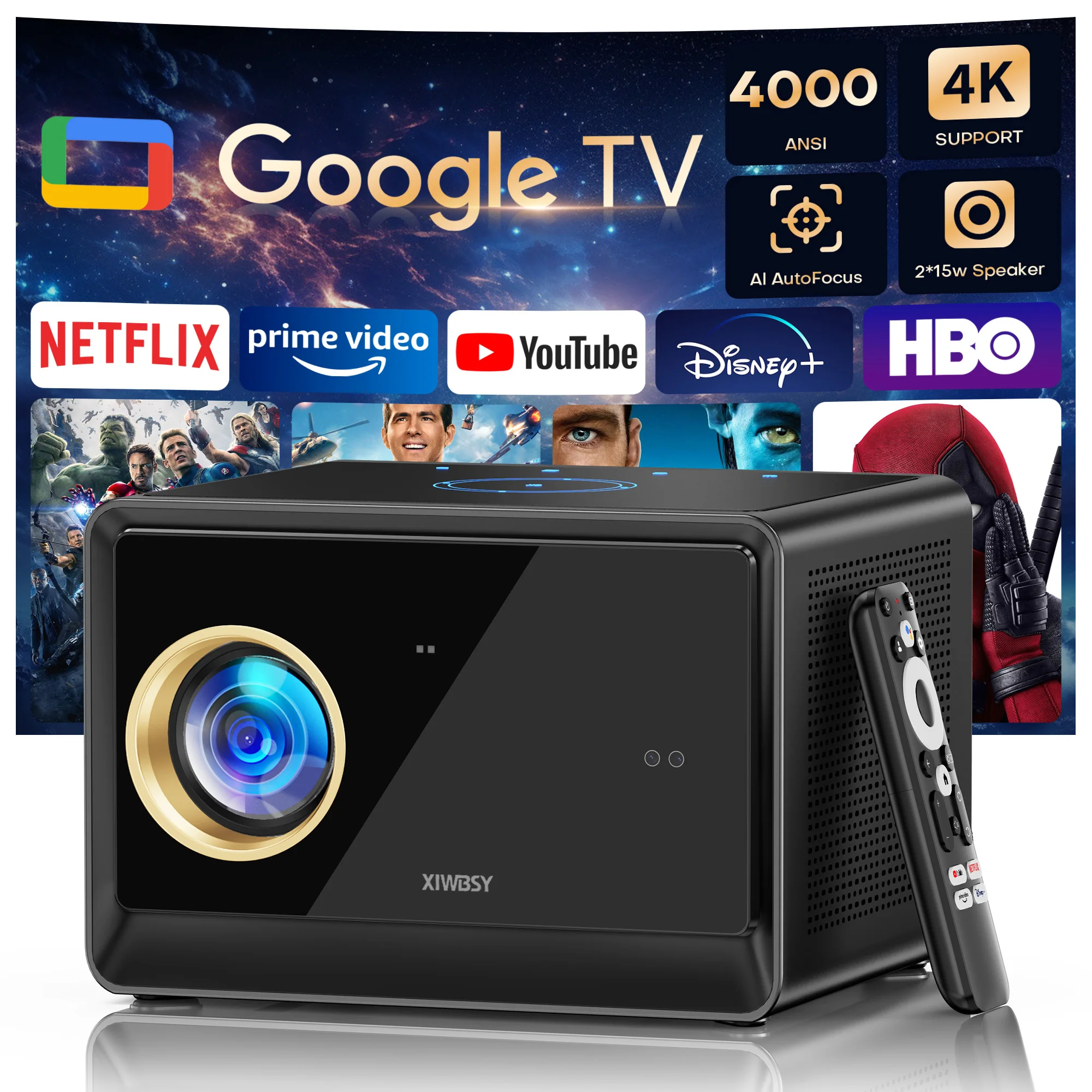 XIWBSY 4000ANSI Google TV Projector 4K Android 11.0 Sealed Optical Projector 52000Lumens WiFi6 Projector Google Voice Assistant