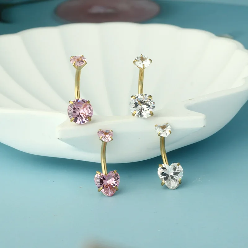 Stainless Steel Belly Piercing Jewelry Heart Cubic Zirconia Belly Button Rings for Women Fashion Navel Ring Body Jewelry Pink - Image 4