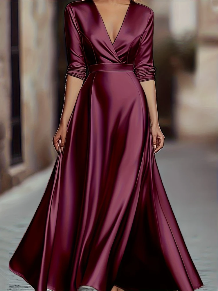 Spring/Autumn Collection: French-inspired Elegance Luxury-feel V-neck Long-sleeved Fitted Waist Dress Evening Gown for Banquets - Image 6