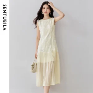 ‌SENTUBILA Women's Floral Embroidery Dress 2026‌ Summer Sundress Elegant Short Sleeveless Resort Dresses Woman Clothes Q52LO16