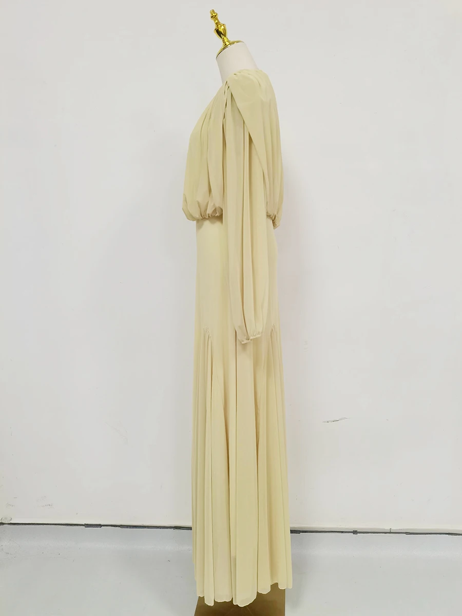 VGH Yellow Dinner Loose Folds Maxi Dresses for Women O Neck Shoulder Pud High Waist Temperament Dress Female Fashion Clothing - Image 5