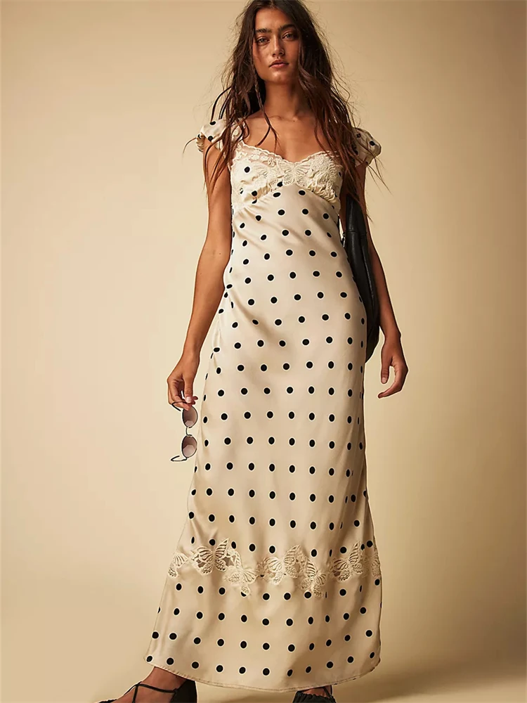 Absobe French Lace Patchwork Satin Polka Dot A-Line Maxi Dress For Women Elegant Backless Long Gown Chic Birthday Party Outfit - Image 4