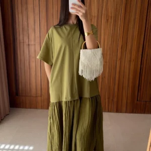 2026 Summer New Loose Patchwork Dresses Women's Pleated Fashion Short Sleeve O-neck Long Robes Female Elegant Casual Dress