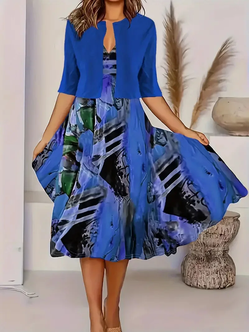 2024 Europe and the United States autumn new women's long dress two-piece set of floral print round neck dress coat women - Image 2