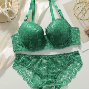 Elegant Green Lace Bra and Panty Set with Underwire & Padded Cups Push Up Demi Bras & Matching Brief for Women Lingerie Set S-XL